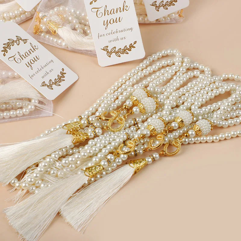 15Pcs Glass Pearl Muslim Prayer Beads Bracelet with Thank You Card Organza Bags Eid Mubarak Ramadan Gift Islamic Home Decoration