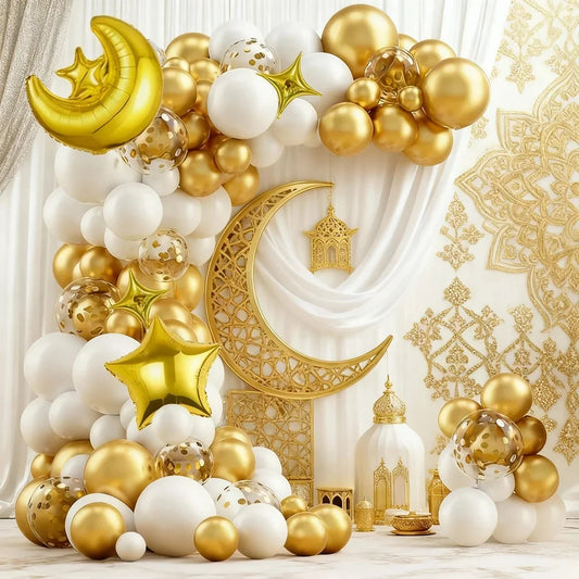 106Pcs Star and Moon Ramadan Themed White Latex Balloons Decoration 22inch Golden Star and Moon Foil Balloons, Used for Birthday, Eid Holiday Party Background Photo Decoration Arrangement Balloon Atmosphere Enhancement Props