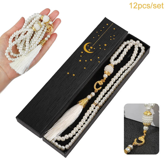 12Pcs Muslim Prayer Beads Bracelet with Gift Box Eid Mubarak Ramadan Islamic Festival Party Decoration Gift Favors Home Pendant