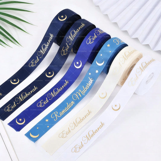 1Roll 1.6cmX5Yards Eid Mubarak Ribbons Bow Gift Box Wrapping DIY Decoration Festival Party Supplies Ramadan Kareem