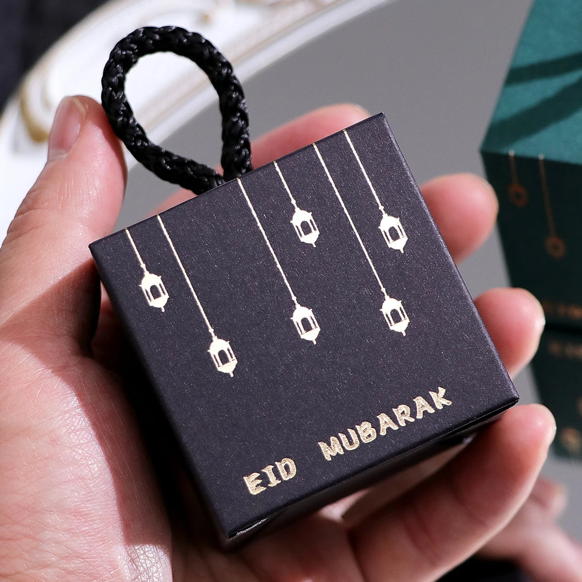 20-Piece Luxury Mini Gift Box Set for Eid: Black, Green, and White Boxes with Gold Lantern Designs and Woven Handles — Perfect for Storing Sweets, Chocolates, and Small Gifts, Ideal for Eid Celebrations and Special Islamic